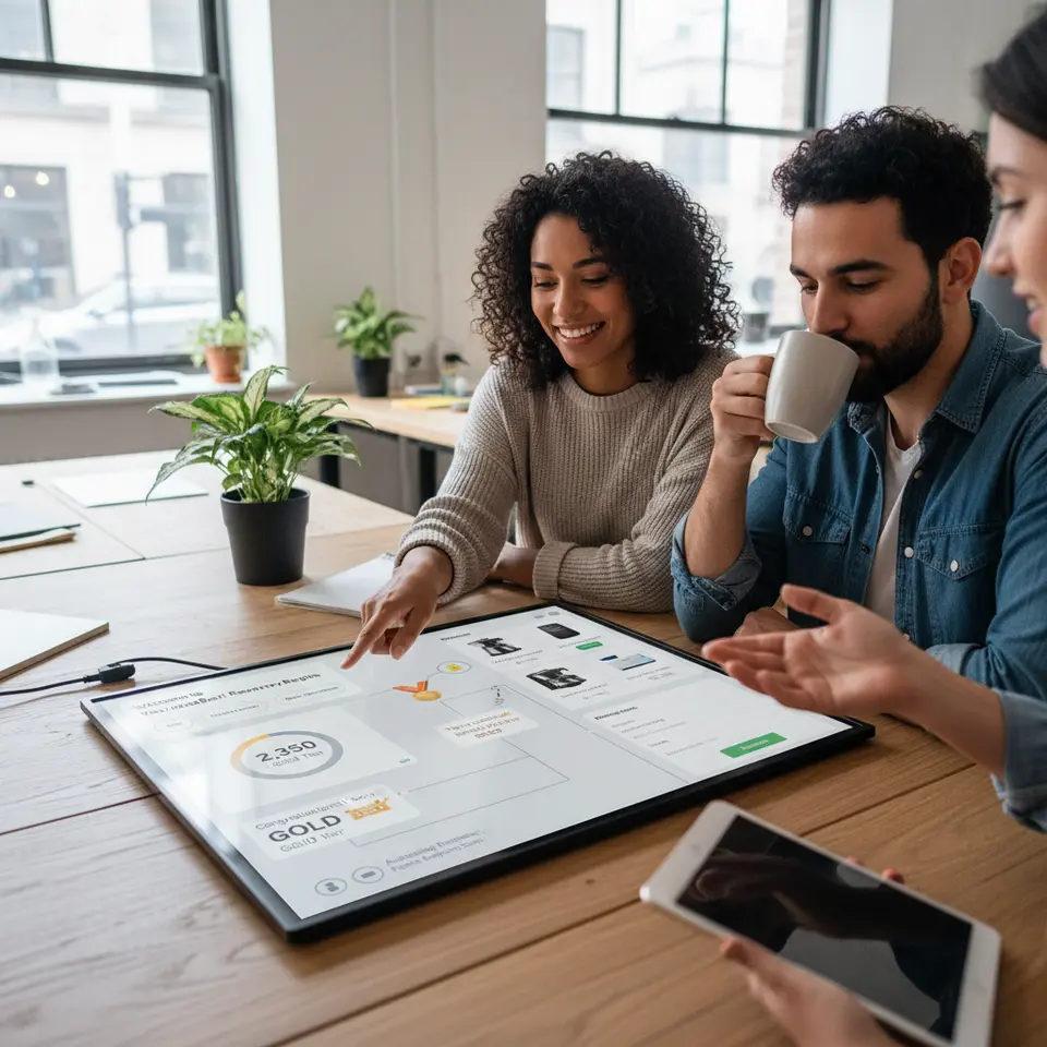 A detailed user journey flowchart illustrating a chatbot loyalty workflow: start with a friendly onboarding card and quick-reply buttons, then show a point balance inquiry screen with a visual progress bar, followed by a dynamic rewards catalog featuring images and ‘Redeem’ buttons, a redemption form capturing address/email details, celebratory milestone pop-ups (e.g., unlocking ‘Gold’ tier), and automated reminder triggers for expiring points.