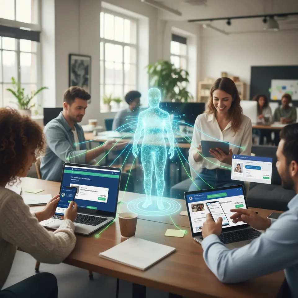 An omnichannel chatbot ecosystem scene: a central AI chatbot avatar connected via glowing lines to multiple devices and platforms—branded mobile app, website chat widget, Facebook Messenger, and WhatsApp—with personalized recommendation cards, real-time point balance widgets, and consistent brand colors flowing across each channel.