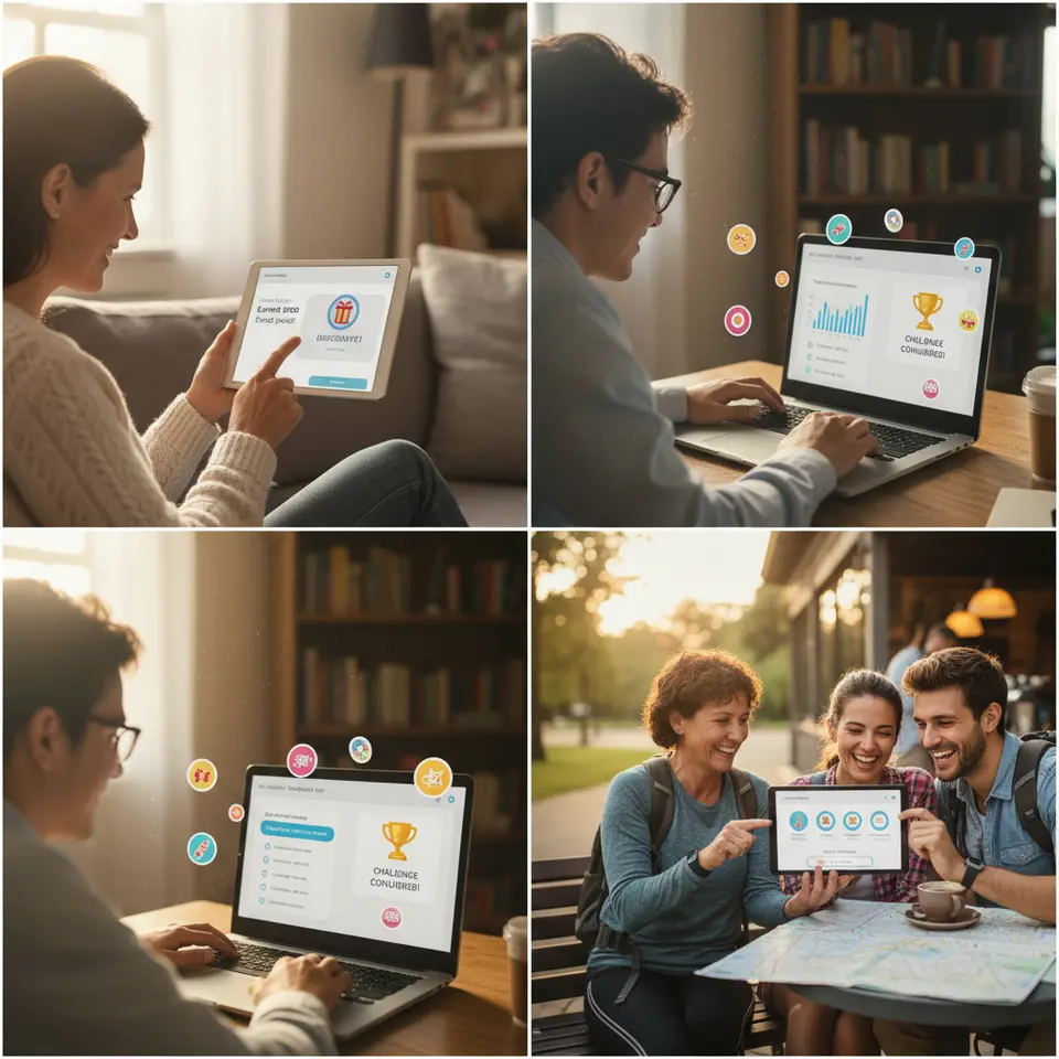 Real-Life Applications Across Industries: A multi-scene illustration featuring (1) an online shopper earning points and unlocking a discount badge in a retail chat, (2) a student completing a quiz with digital stickers in an educational bot, (3) a wellness user tracking daily steps and winning a trophy in a health chatbot, and (4) a traveler collecting location badges and redeeming perks in a hospitality chatbot.