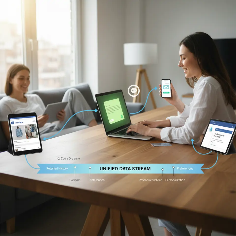 Visual diagram of an omnichannel customer journey: a single shopper seamlessly moving from social media browsing to website live chat, then completing a purchase in a mobile app, with connecting lines, channel icons (Facebook, chat bubble, smartphone, email), and a unified data stream illustrating retained history and personalization across each touchpoint.