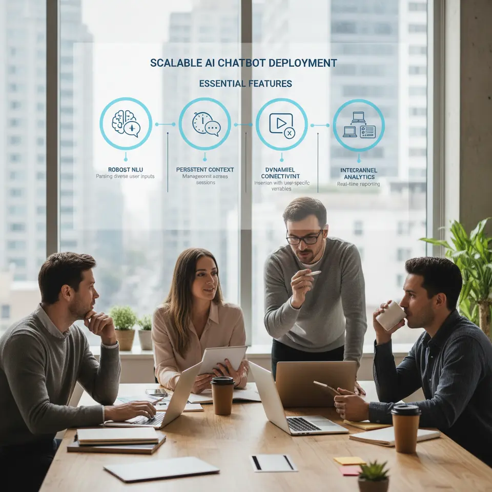 Infographic showcasing the five essential features for scalable AI chatbot deployment: robust natural language understanding parsing diverse user inputs, persistent context management across sessions, dynamic content insertion with user-specific variables, omnichannel connectivity syncing conversations, and integrated analytics dashboards for real-time reporting